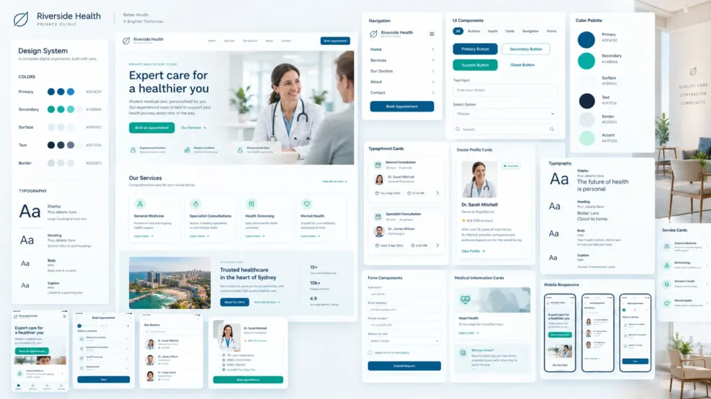 Design system for a clinic website: colours, typography, components and page layouts