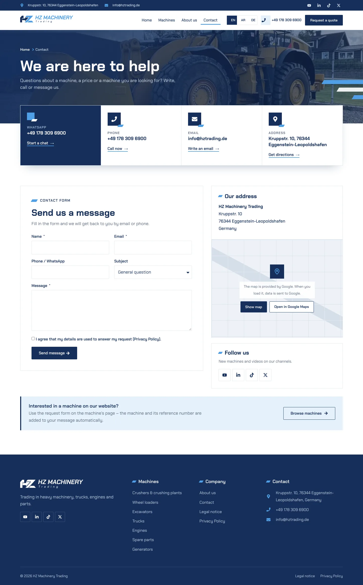 HZ Machinery Trading website screenshot: Contact