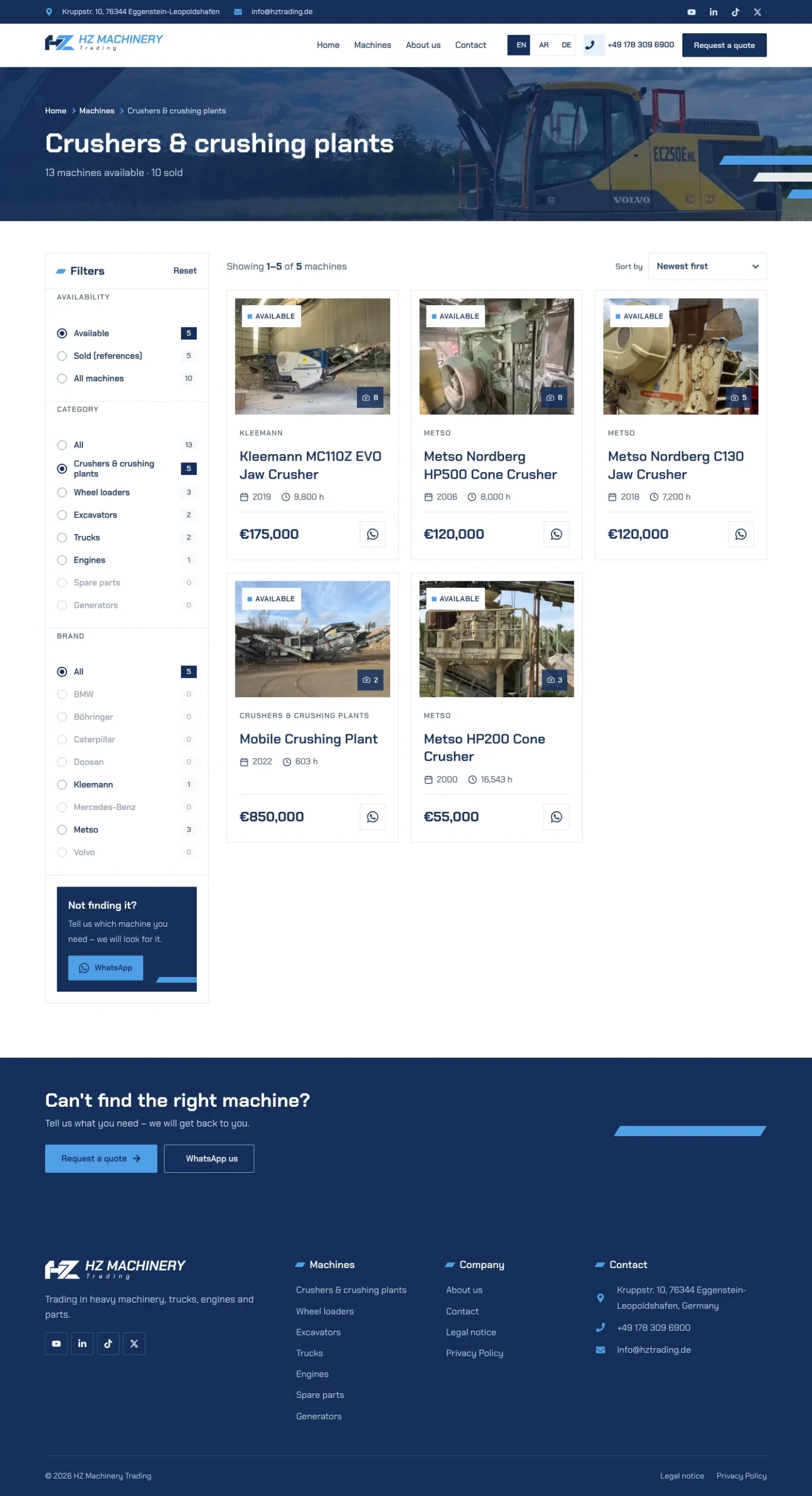 HZ Machinery Trading website screenshot: Category: crushers