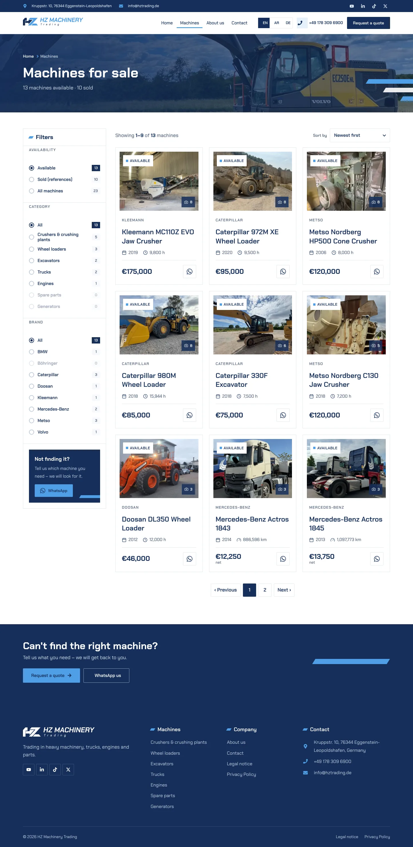 HZ Machinery Trading website screenshot: Machines for sale