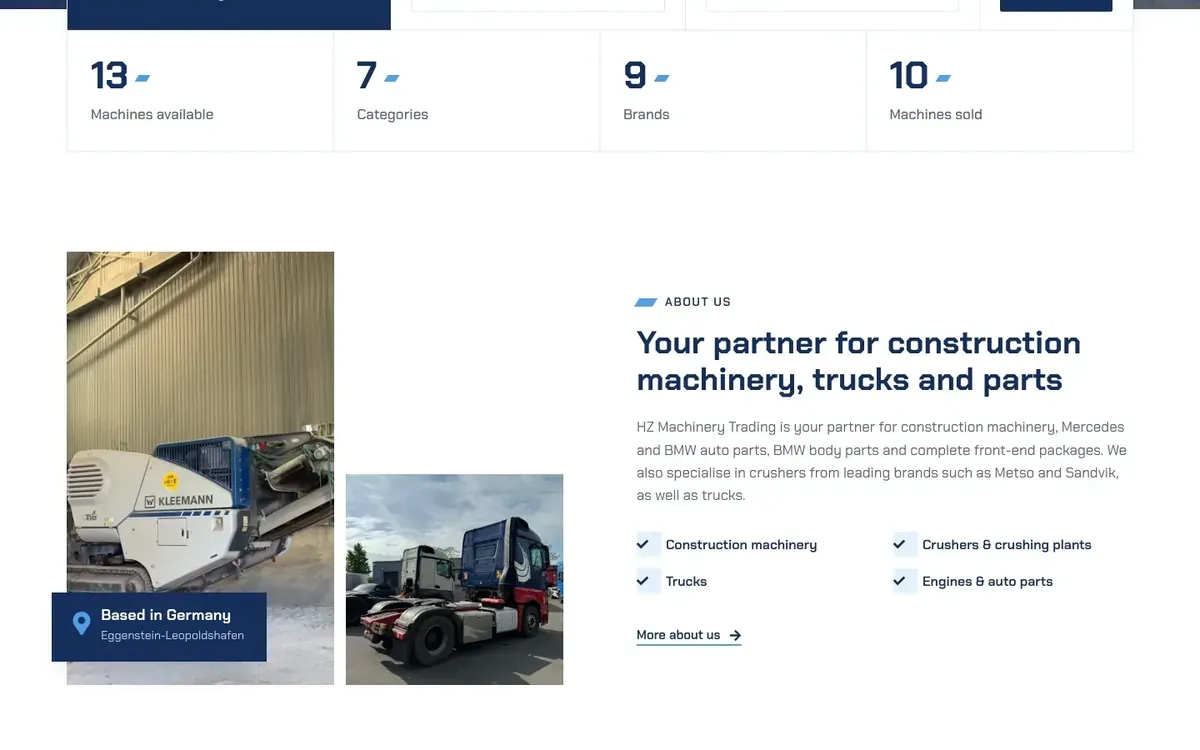 HZ Machinery Trading website design, section 2 of 8
