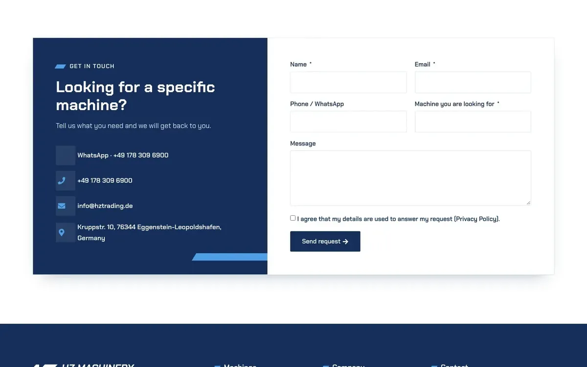 HZ Machinery Trading website design, section 8 of 8